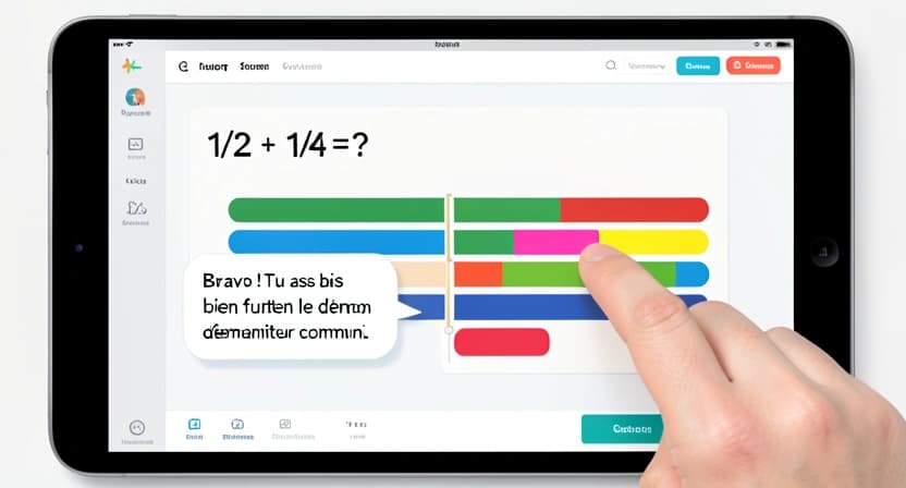 Capture d'écran d'une interface de tutorat IA montrant un problème de fraction décomposé en étapes interactives avec feedback à chaque clic