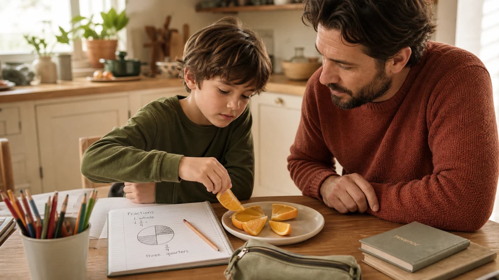 Parent et enfant manipulent une pizza pour comprendre les fractions