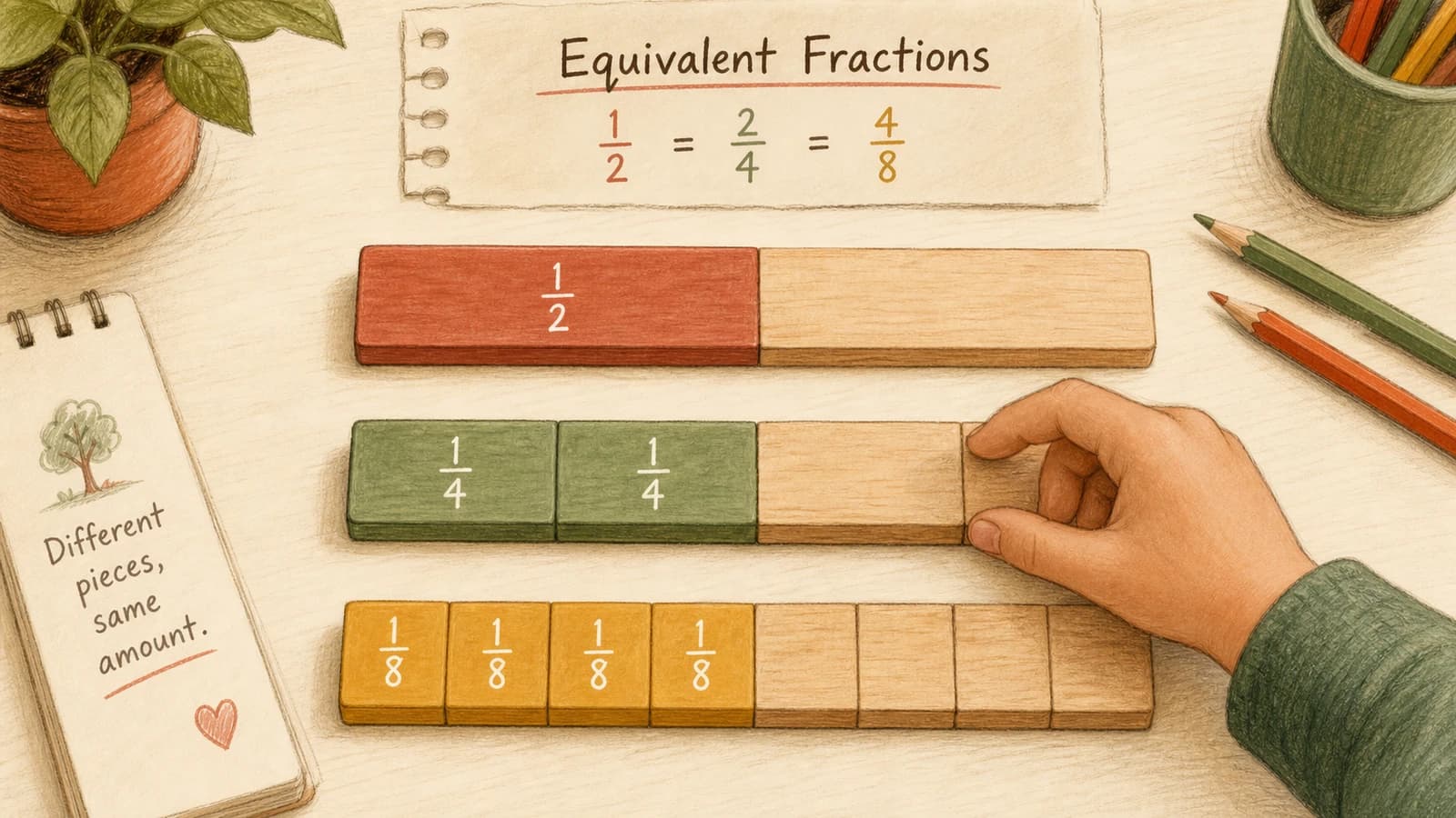 Barres colorées montrant que 1/2 = 2/4 = 4/8