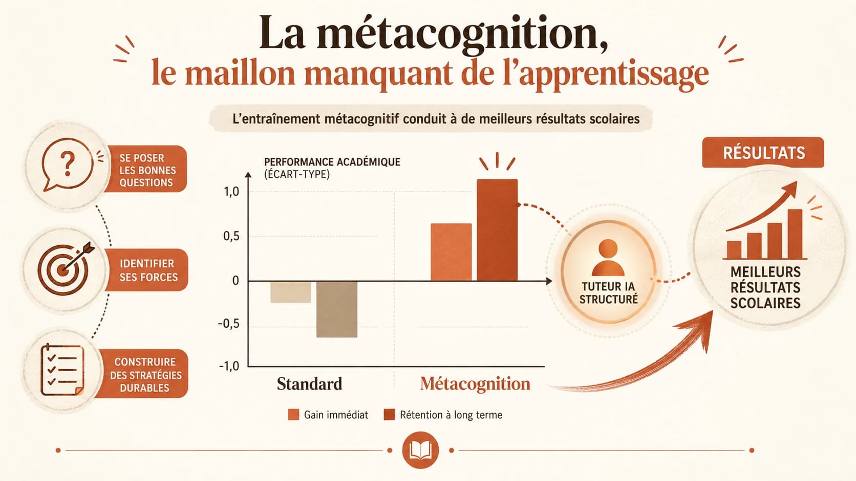 Graphique issu d'une étude scientifique montrant la corrélation entre pratiques métacognitives et résultats scolaires