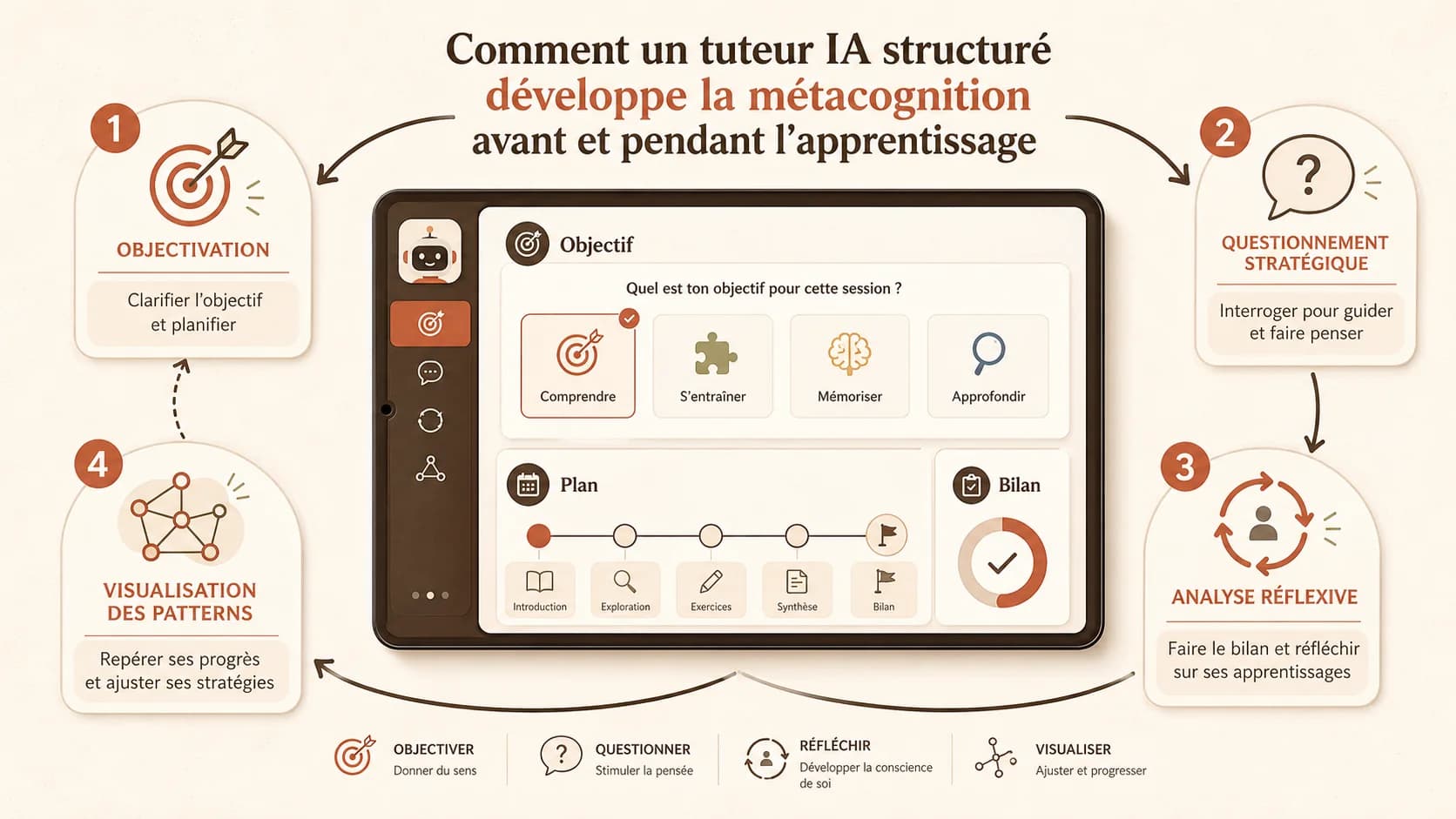Interface du aide IA encadrée Akademos montrant un écran de planification de session et de choix d'objectif d'apprentissage