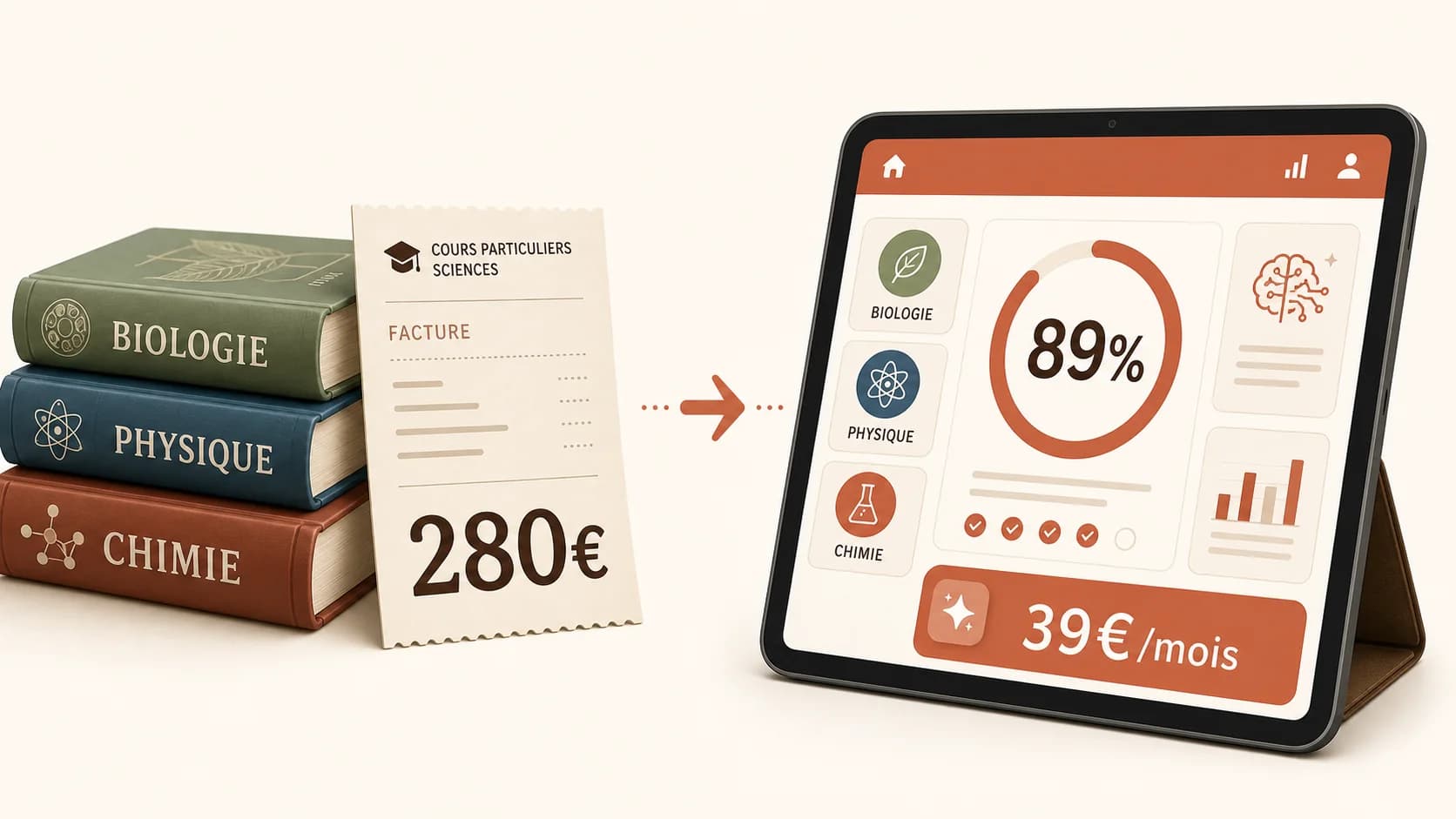 Comparaison côte à côte : une pile de livres de sciences et une facture de cours particuliers élevée à gauche, un écran d'Akademos avec progression et tarif abordable à droite.