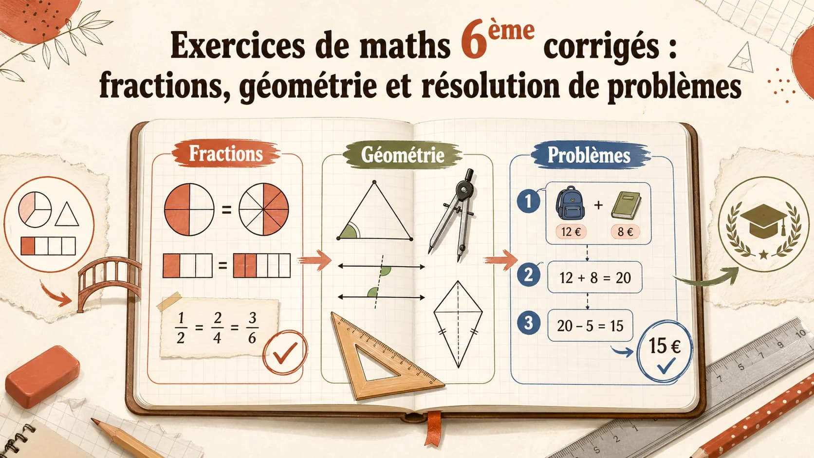 Exercices de maths 6ème corrigés : fractions, géométrie et résolution de problèmes