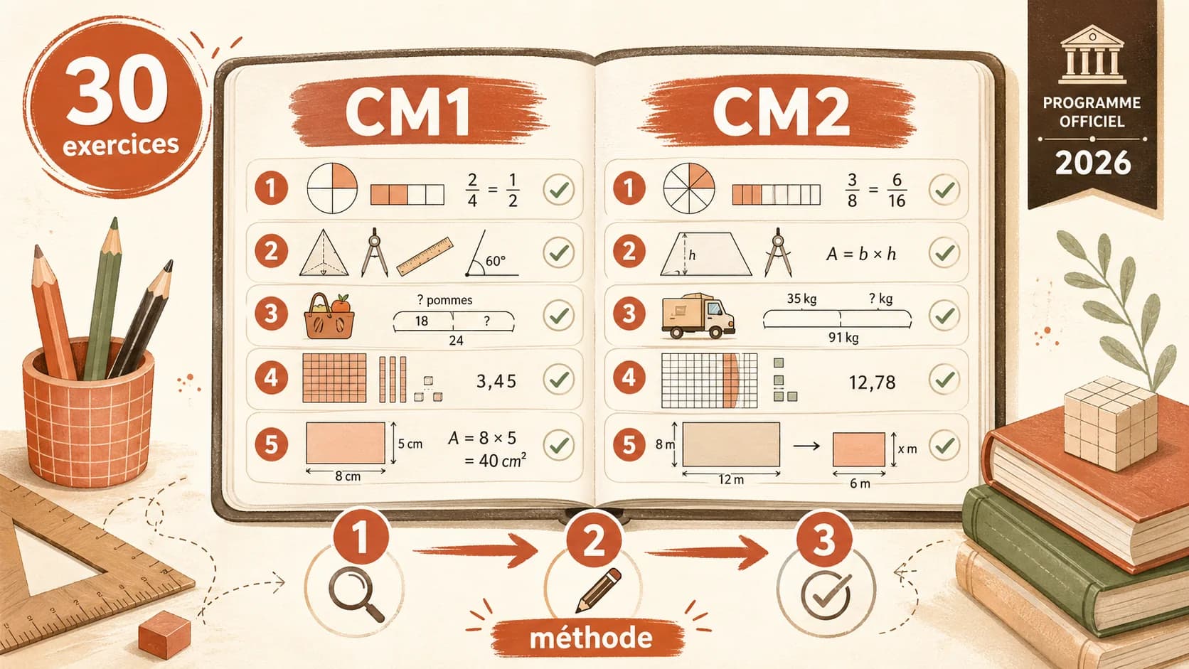 Exercices de maths CM1-CM2 corrigés : 30 exercices par niveau avec méthode