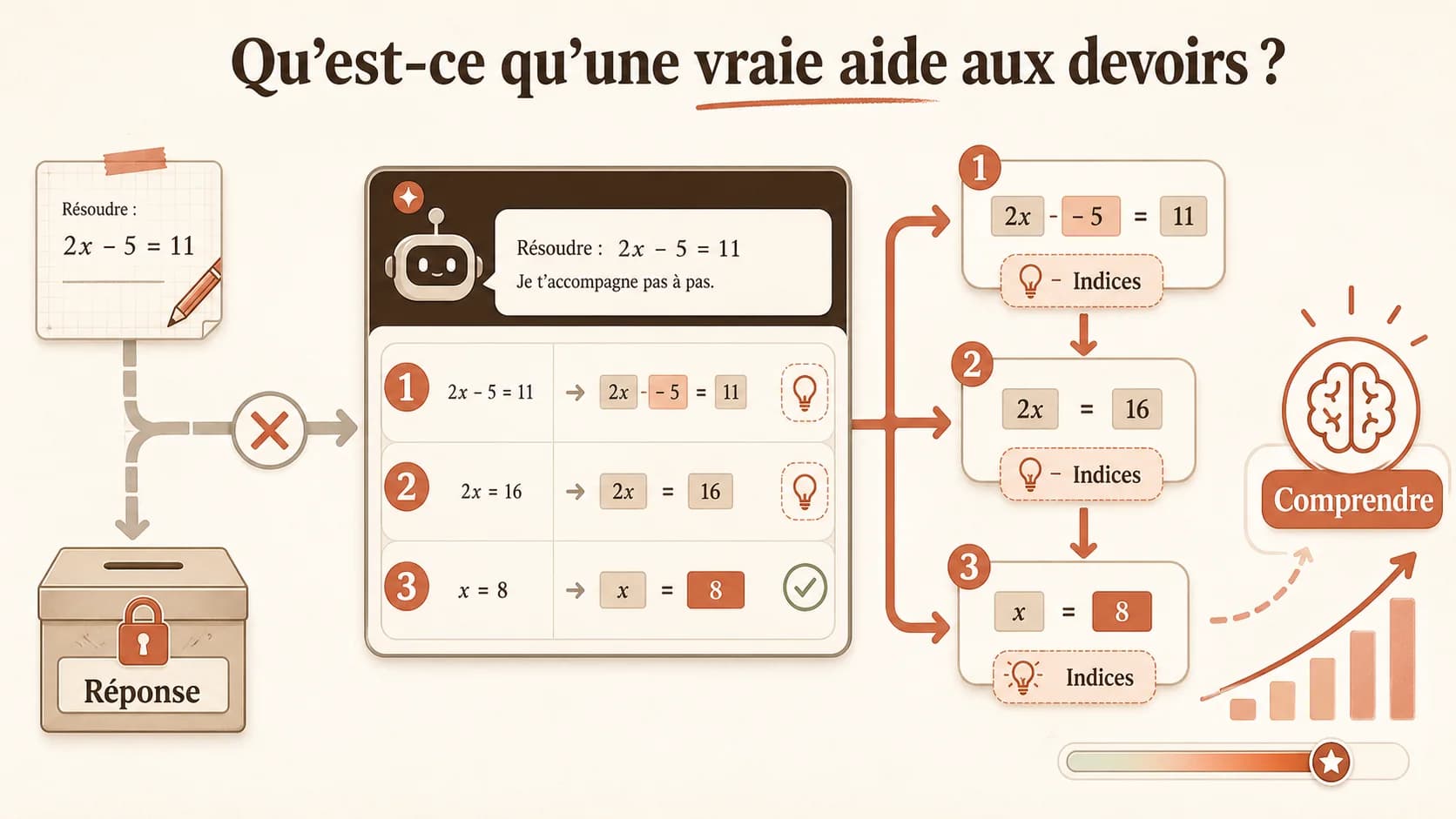 Capture d’écran réaliste d’une interface de tutorat IA montrant un problème de mathématiques décomposé étape par étape, avec des indices interactifs.