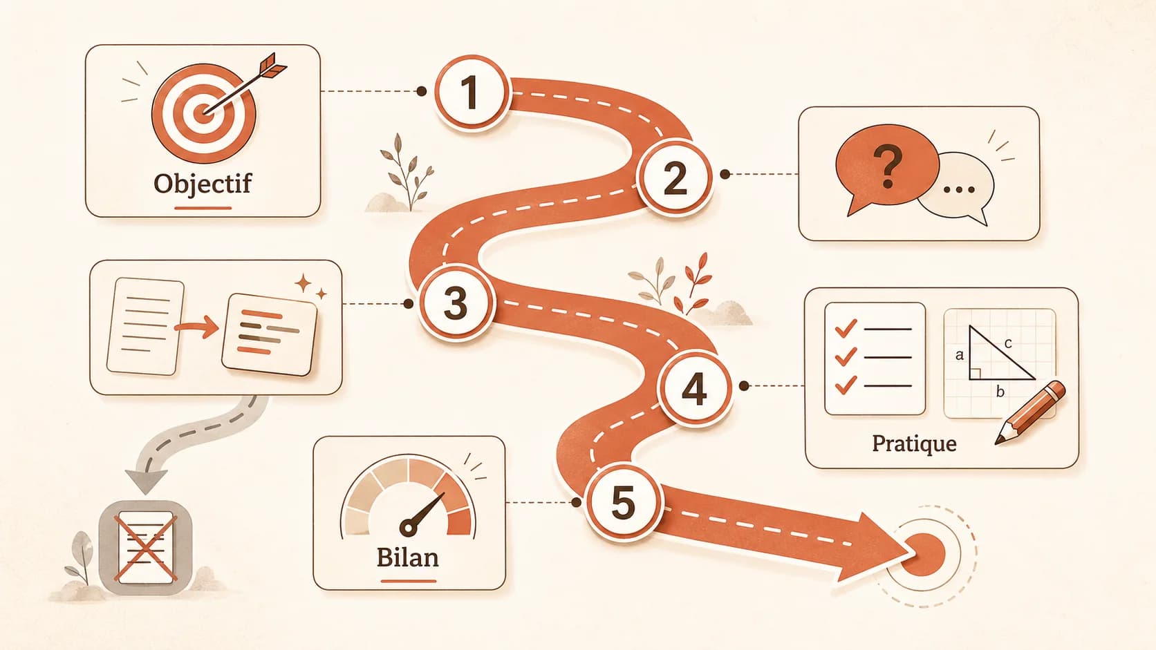 Interface montrant un parcours d’parcours de travail structuré avec des modules de révision, des exercices ciblés et un indicateur de progression.