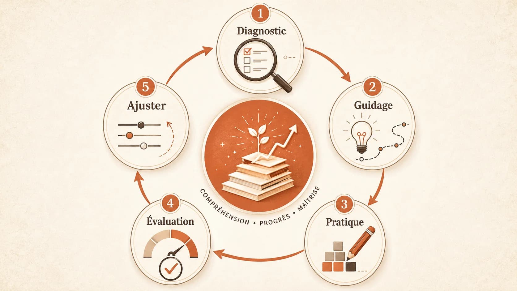 Diagramme montrant le cycle vertueux du tutorat IA : Diagnostic -> Explication guidée -> Pratique ciblée -> Évaluation -> Retour au diagnostic.
