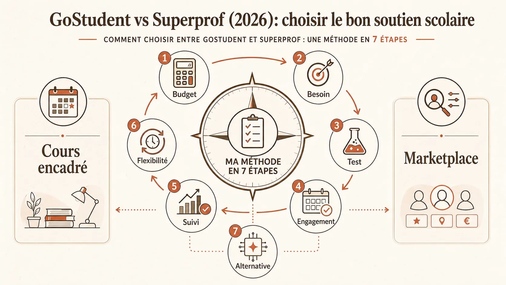 Infographie en 7 étapes avec des icônes : Budget, Besoin, Test, Engagement, Suivi, Flexibilité, Alternative