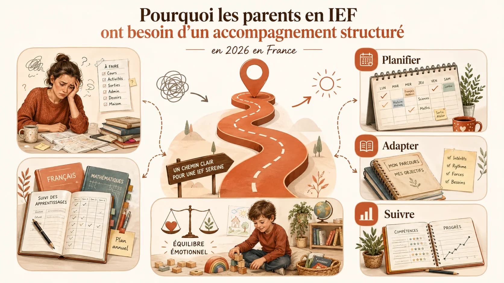 Un parent stressé regardant une pile de cahiers et un calendrier mural, avec un enfant qui joue à côté
