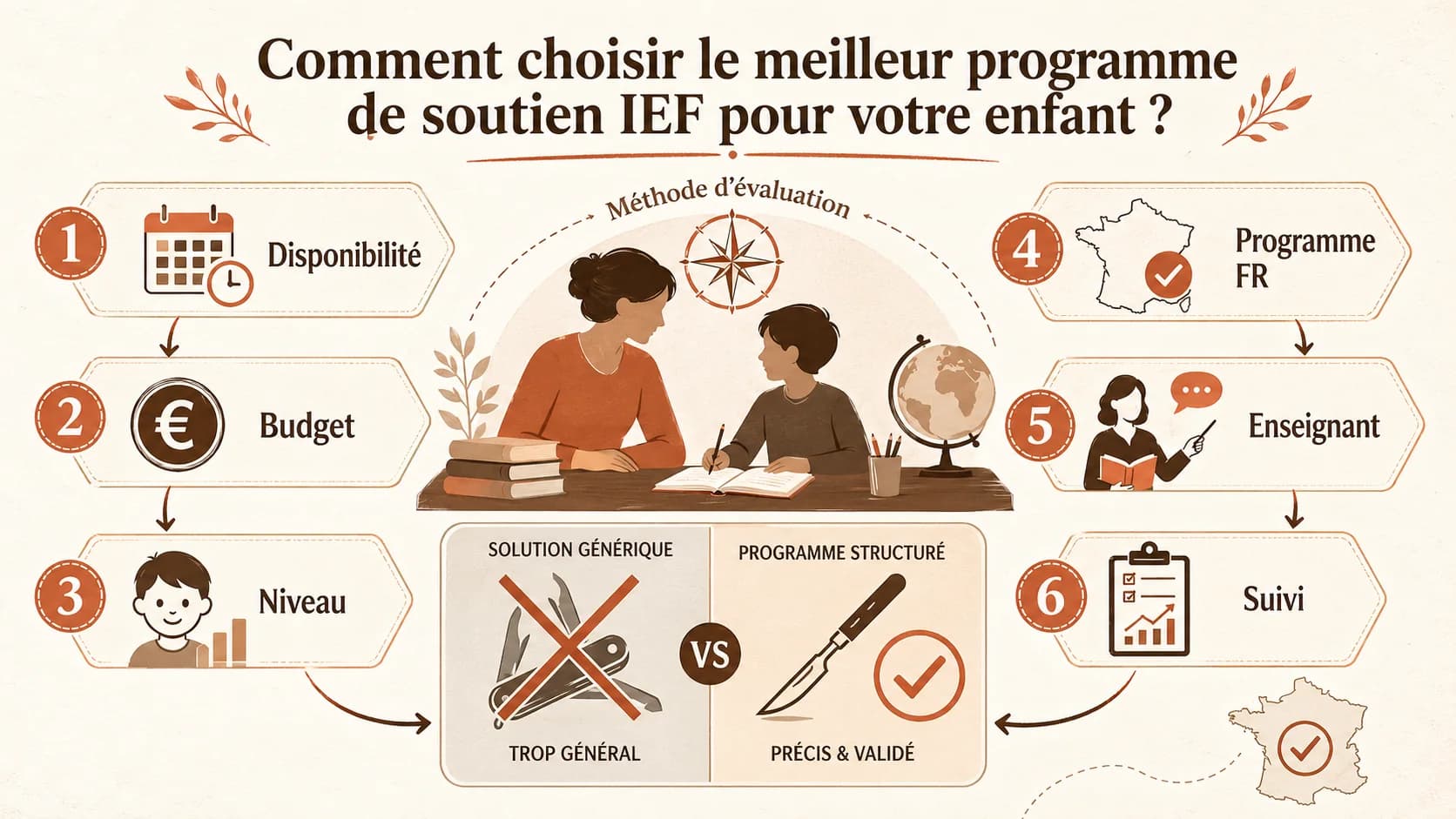 Un parent et un enfant devant un écran affichant une interface de programme éducatif, avec des icônes de matières
