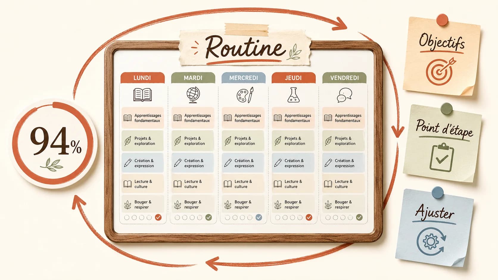 Un tableau blanc avec un planning hebdomadaire coloré, des post-it et des objectifs notés