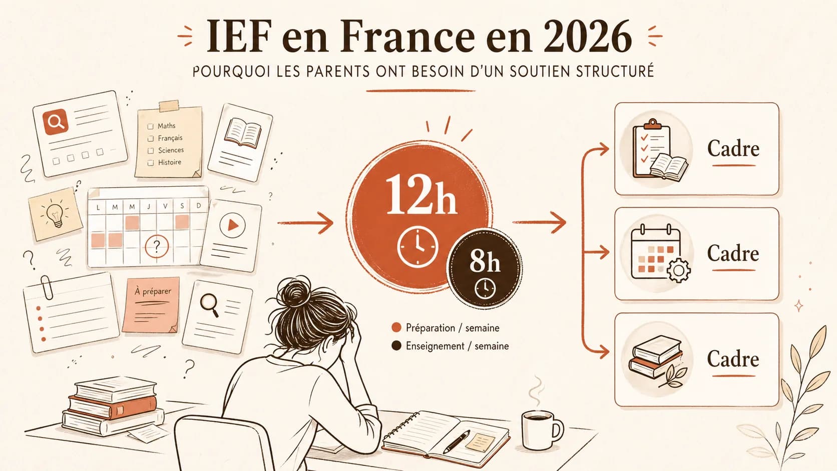 Parent fatigué devant un ordinateur avec des post-it et un planning sur le mur