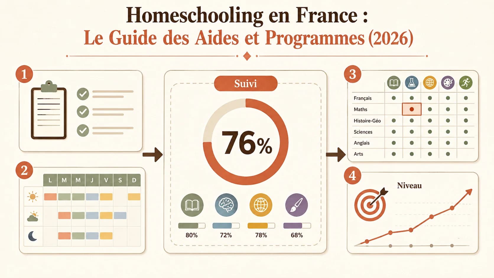 Interface d'un tableau de bord de progression avec des pourcentages et des objectifs