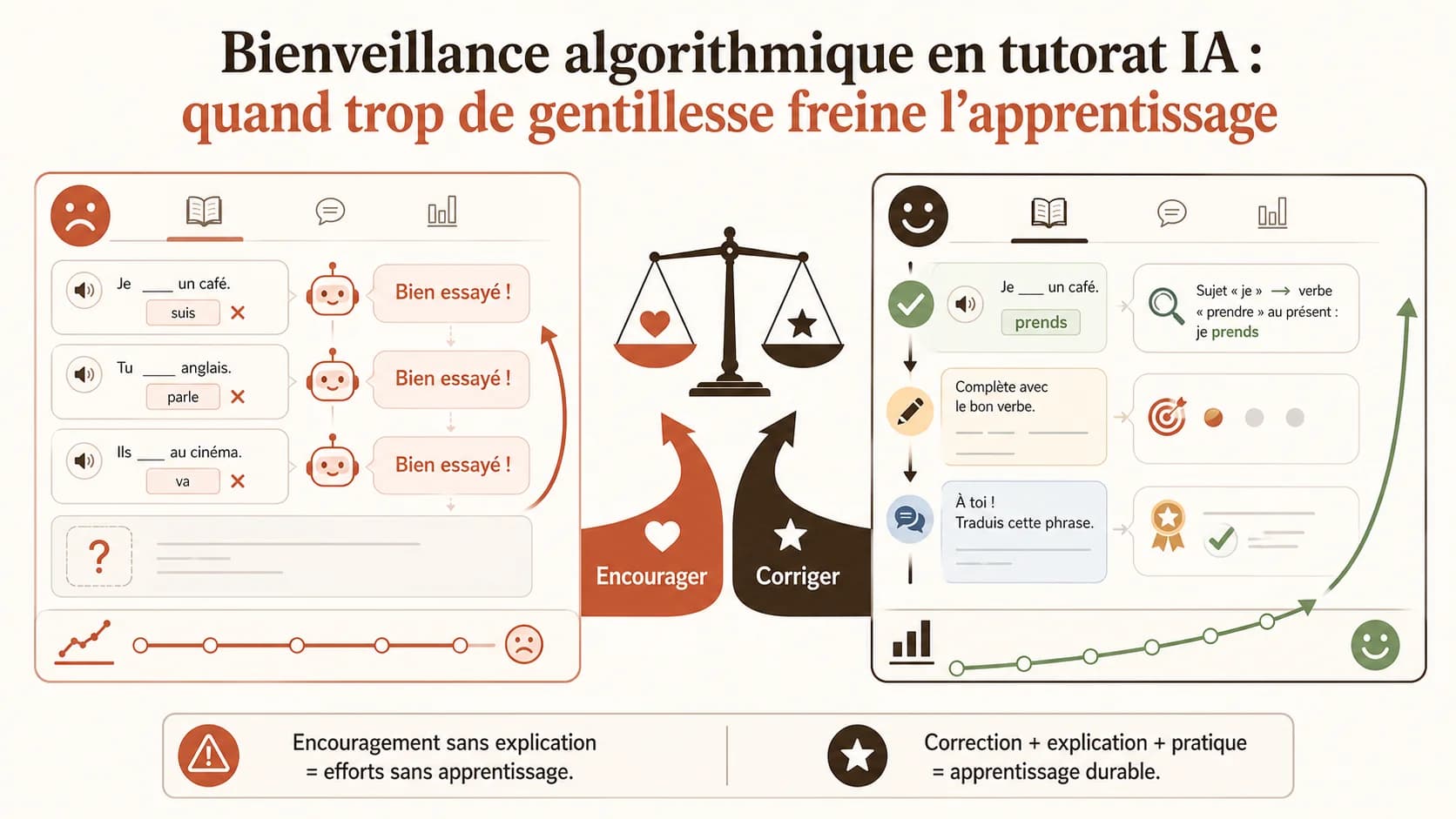 Capture d'écran d'un tableau de bord d'un outil d'apprentissage des langues montrant une série de réponses incorrectes marquées "Bien essayé !" sans explication détaillée
