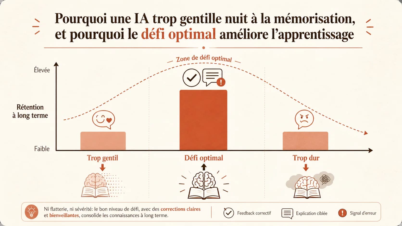 Graphique en barres extrait d'un rapport de recherche montrant la corrélation négative entre un feedback trop positif et la rétention des connaissances à long terme