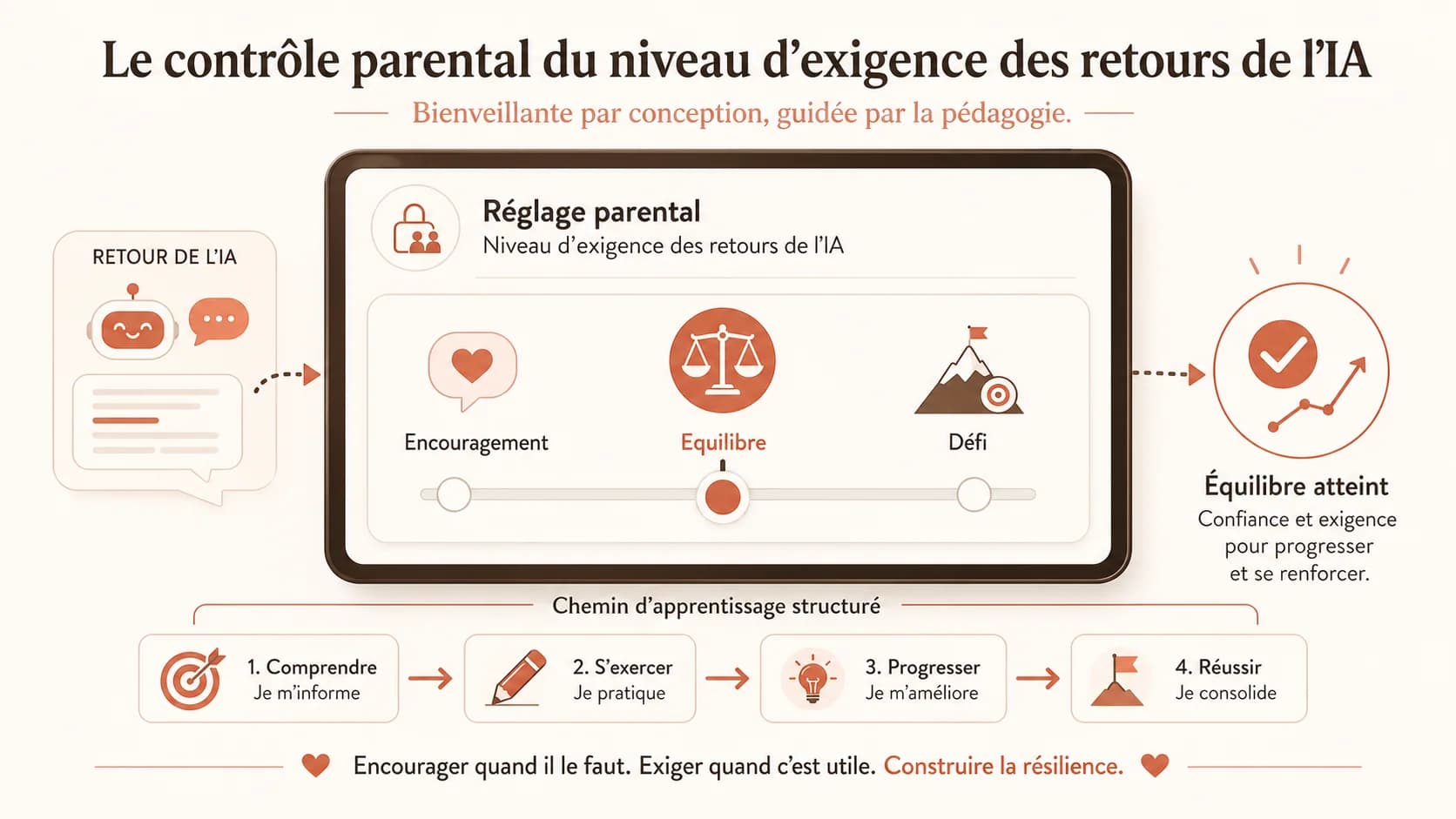 Capture d'écran d'un paramètre parental dans une application éducative permettant de régler le "niveau d'exigence" du feedback (Mode Encouragement / Mode Équilibre / Mode Défi)