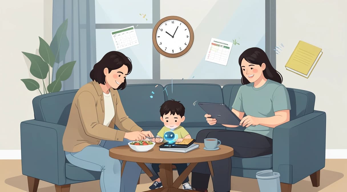 Une famille moderne dans un salon, un enfant travaille sur une tablette avec un avatar IA bienveillant, tandis que les parents, détendus, préparent le dîner. Des éléments visuels de planning, d'horloge et de livres scolaires flottent autour d'eux, symbolisant l'équilibre retrouvé.