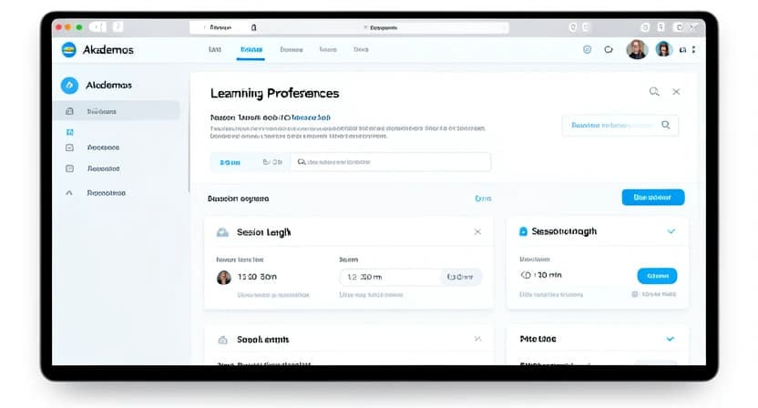 Capture d'écran d'une page de configuration d'Akademos permettant de définir les préférences d'apprentissage : durée des sessions (15, 20, 30 min), jours favoris, matières prioritaires, et objectifs hebdomadaires.