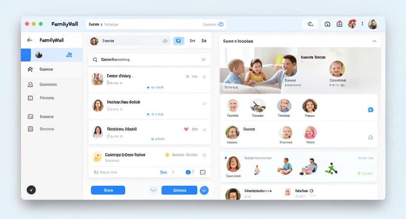 Capture d'écran d'une application de suivi d'activités familiales (type FamilyWall) montrant des plages colorées : "Session Akademos" (vert), "Temps libre/enfant" (bleu), "Activité en famille" (jaune), "Temps calme/parent" (rose).