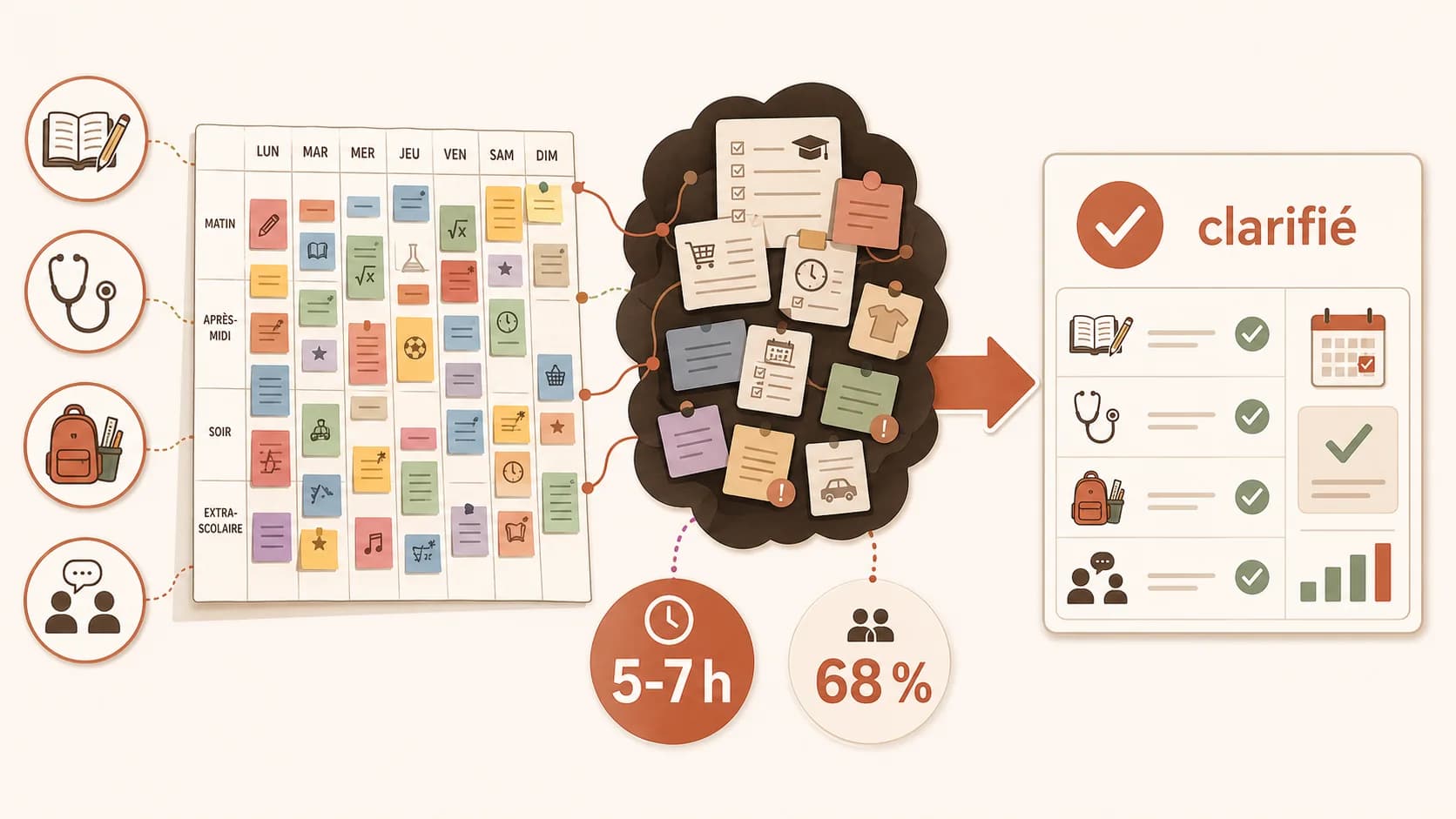 Capture d'écran d'un agenda Google ou d'une application de planification familiale type Cozi, montrant un emploi du temps surchargé avec des créneaux colorés pour "Devoirs de Léa", "RDV orthophoniste", "Achats fournitures", "Réunion parents-profs"