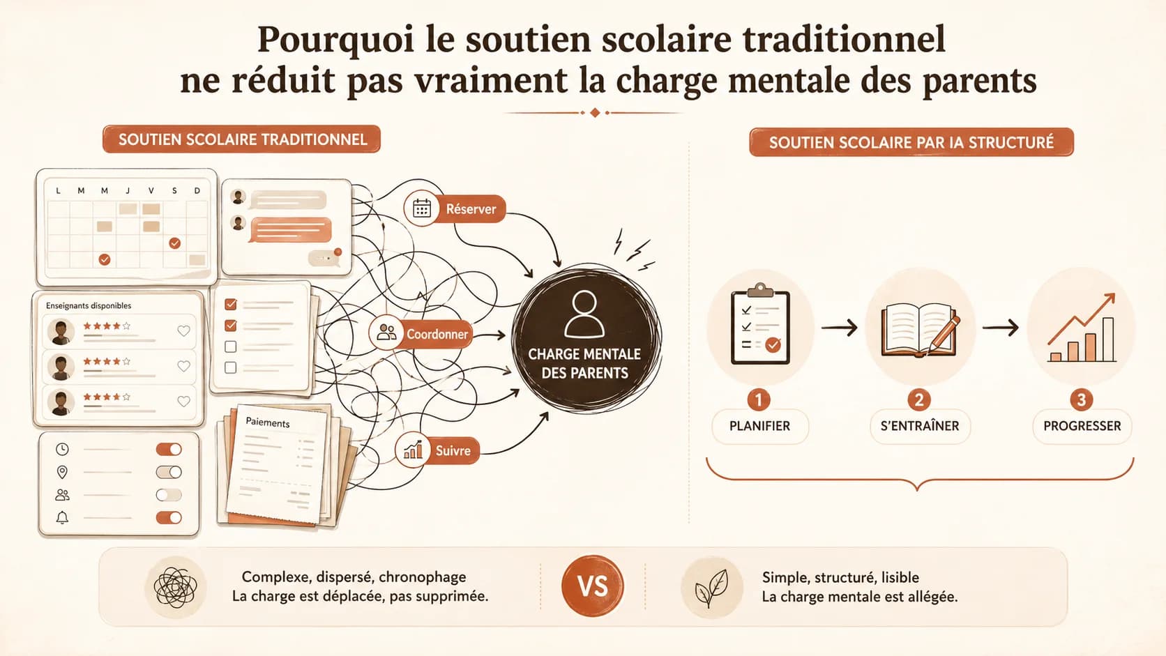 Capture d'écran d'un site de réservation de cours particuliers type Superprof ou Acadomia, montrant un tableau de bord complexe avec des créneaux à réserver, des messages d'enseignants et un historique de paiements
