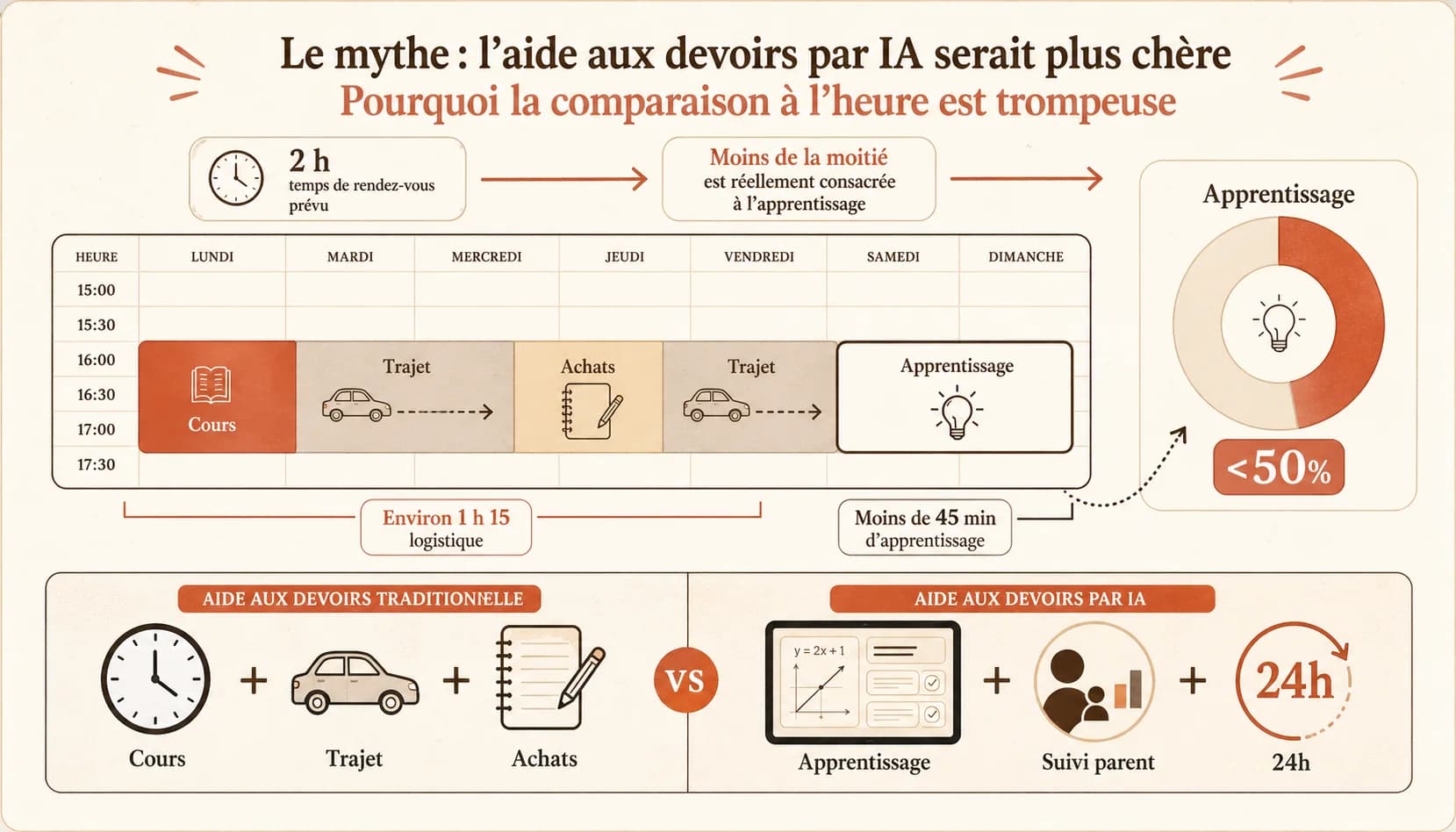 Capture d'écran d'une application de calendrier familial (type Google Calendar) montrant des créneaux colorés : "Cours de maths", "Trajet aller", "Trajet retour", "Achats cahiers". Le temps alloué au "soutien effectif" est minoritaire.
