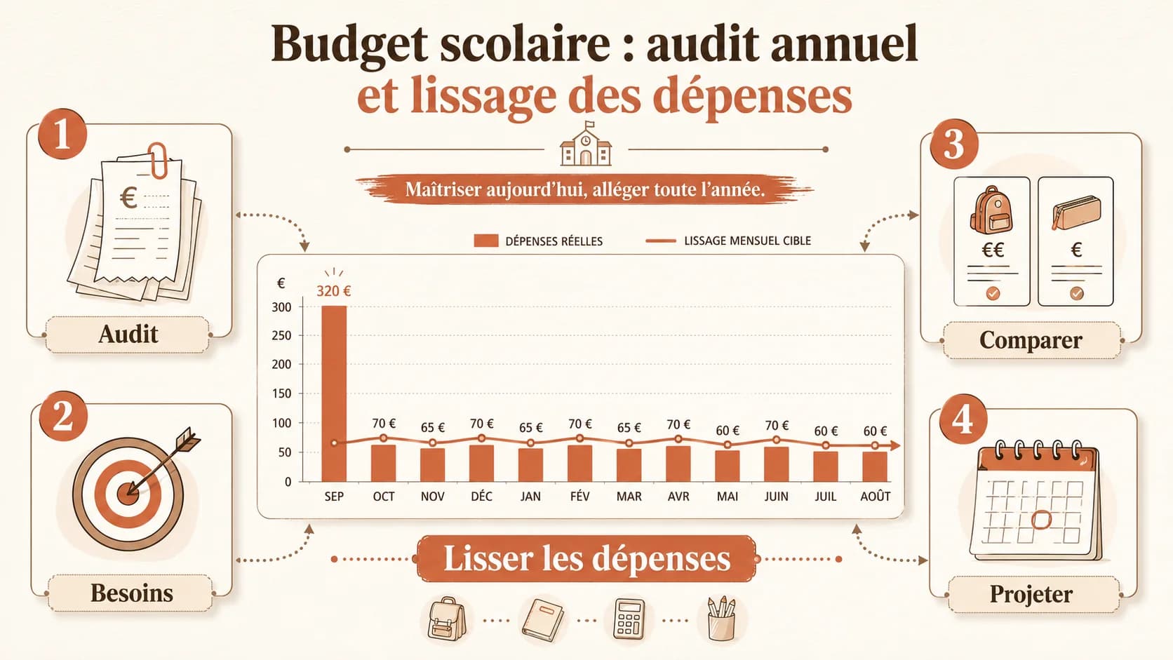 Capture d'écran d'une application de suivi de dépenses (type Linxo) filtrée sur la catégorie "Éducation". Le graphique montre une évolution mensuelle, avec un pic en septembre (achats de fournitures) et des dépenses récurrentes plus stables.