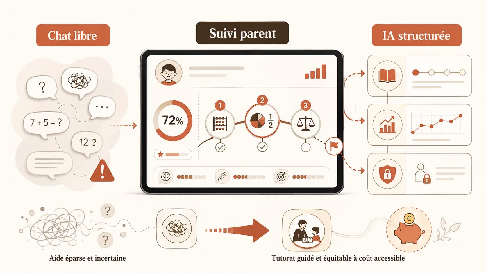 Screenshot du tableau de bord parent d'Akademos montrant la progression d'un enfant en mathématiques