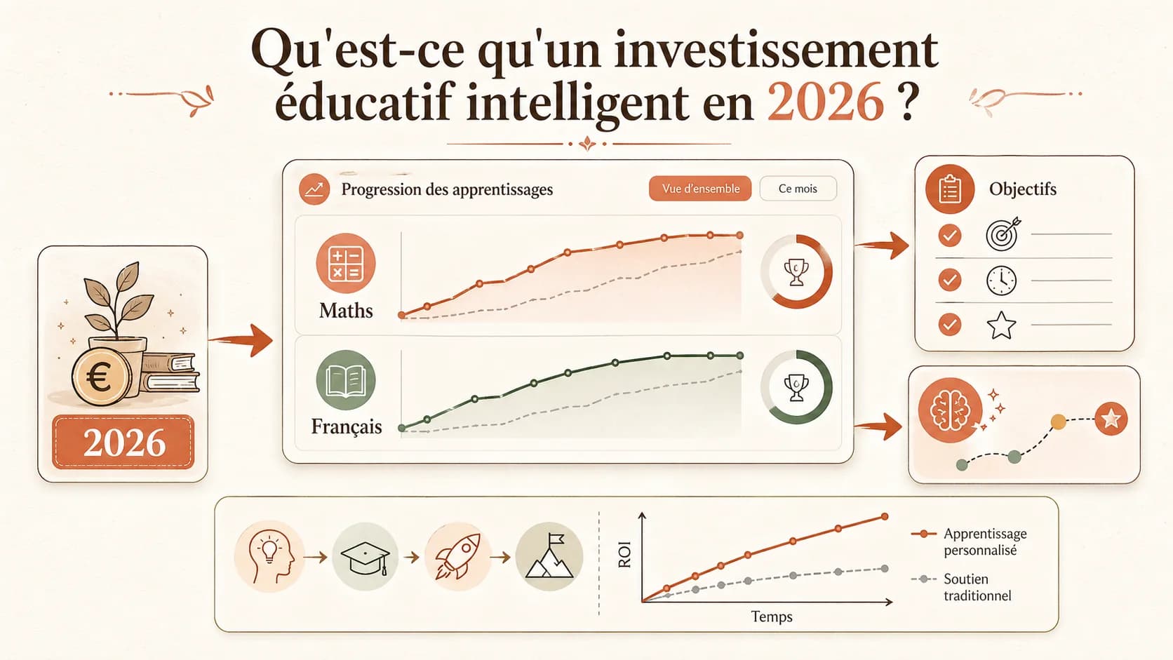 Capture d'écran du tableau de bord de suivi de progression d'Akademos, montrant les courbes de maîtrise en mathématiques et français, avec des objectifs hebdomadaires et des recommandations personnalisées
