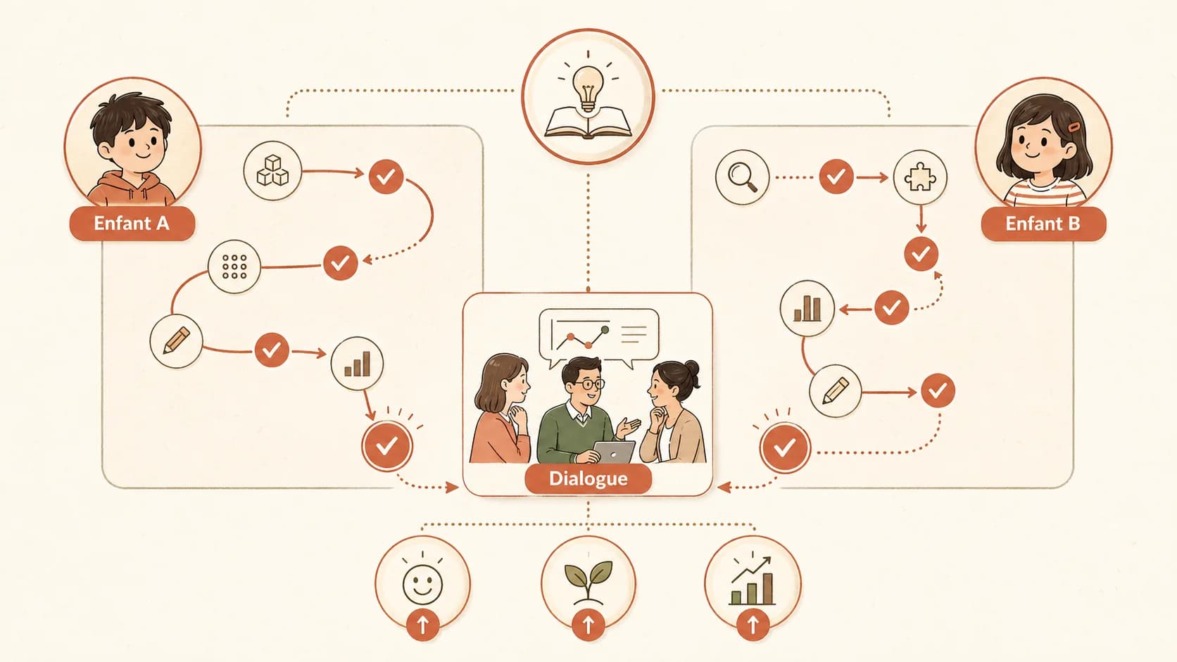 Capture d'écran d'un tableau de bord comparatif montrant les progrès de deux enfants sur une même notion, avec des chemins d'parcours de travail structures différents mis en évidence