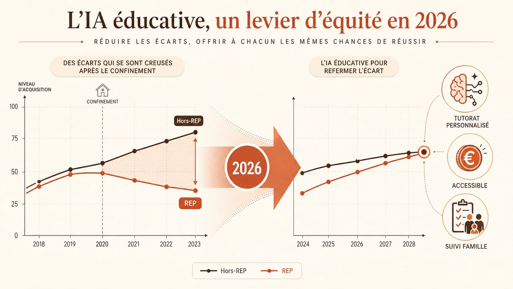 Graphique montrant l'écart de résultats scolaires avant et après le confinement, avec une courbe qui se creuse