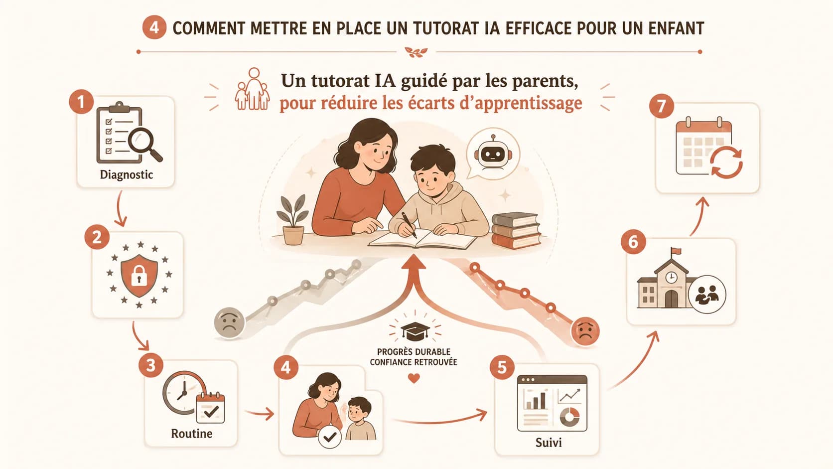Infographie montrant les étapes : diagnostic, choix de la plateforme, routine, suivi, ajustement