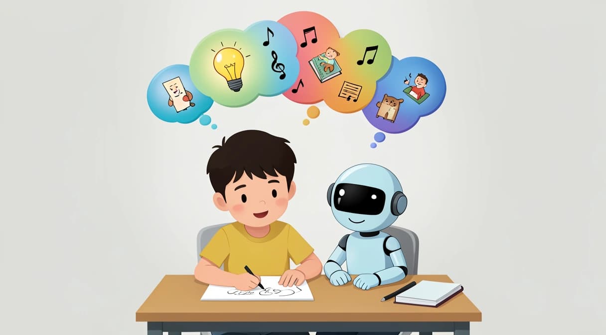 Un enfant dessinant avec un robot stylisé et amical, des bulles de pensée colorées contenant des idées, des notes de musique et des symboles mathématiques s'échappent de sa tête.