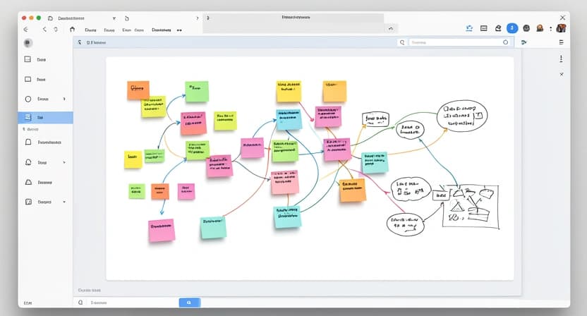 Capture d'écran de l'interface de la plateforme Miro montrant un tableau blanc collaboratif avec des post-its colorés, des flèches de connexion et des schémas de brainstorming.