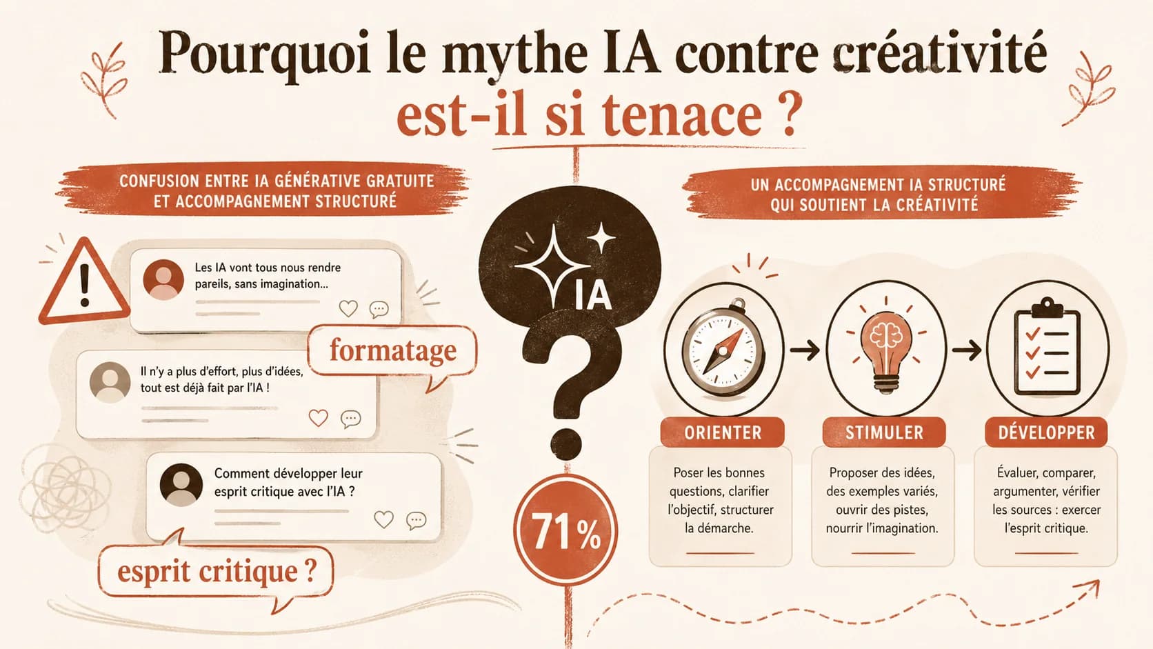 Capture d'écran d'un fil de discussion sur un forum parental français (type "Forum des Parents") montrant des commentaires inquiets sur l'IA à l'école, avec des mentions comme "formatage" et "perte d'esprit critique".