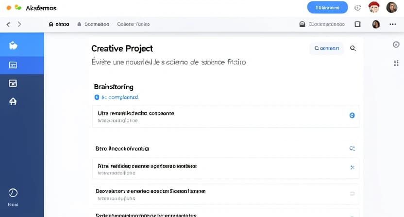 Capture d'écran du tableau de bord d'un élève sur Akademos, montrant une vue "Projet Créatif" avec des étapes comme "Brainstorming", "Recherche", "Premier jet", "Révision IA", "Partage".