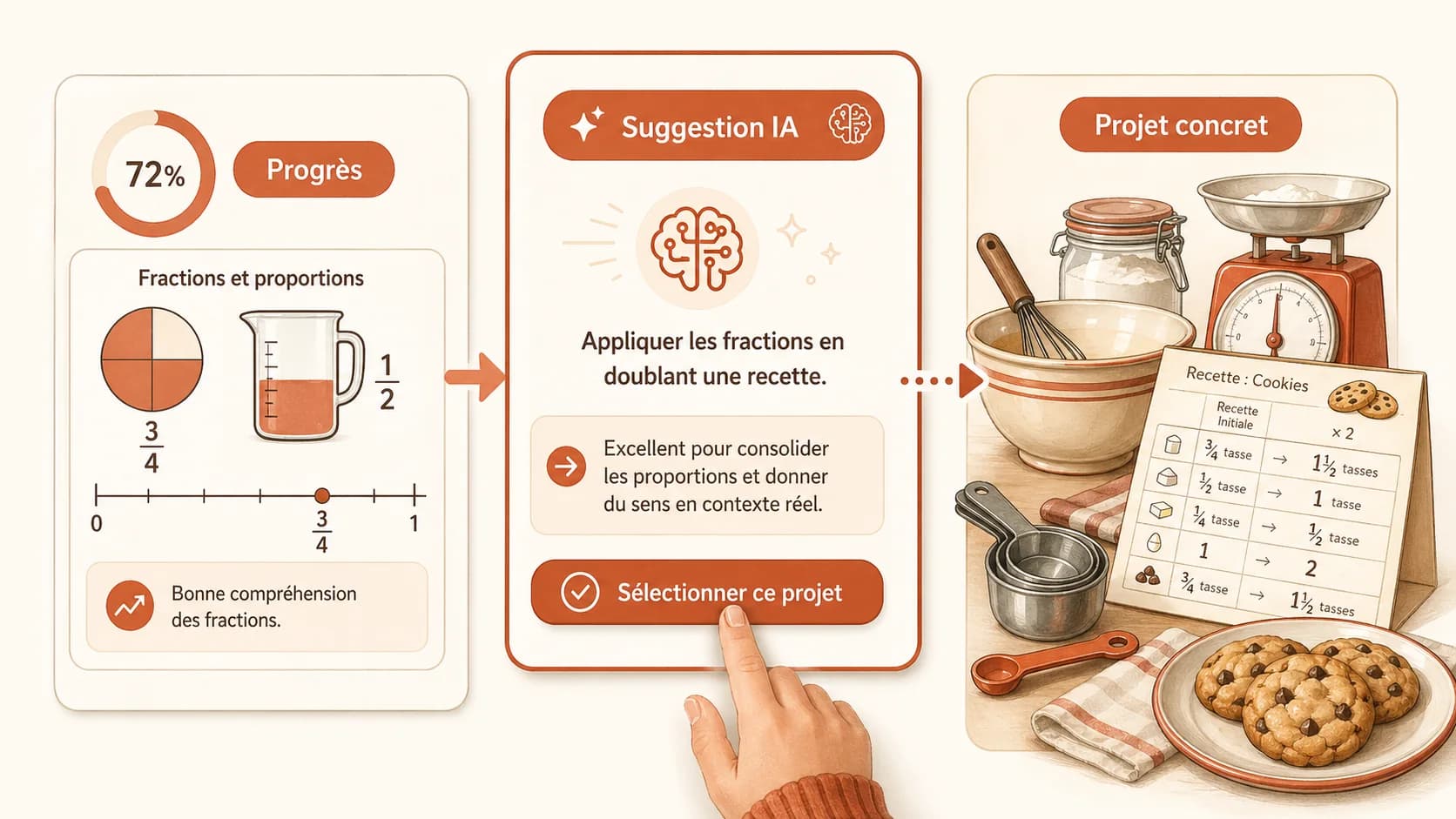 Capture d'écran d'un tableau de bord parent sur Akademos, avec une section "Activités Créatives Recommandées" basée sur les progrès de l'enfant : "Léo maîtrise les fractions. Suggérer un projet de pâtisserie pour appliquer les proportions."