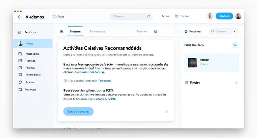 Capture d'écran d'un tableau de bord parent sur Akademos, avec une section "Activités Créatives Recommandées" basée sur les progrès de l'enfant : "Léo maîtrise les fractions. Suggérer un projet de pâtisserie pour appliquer les proportions."