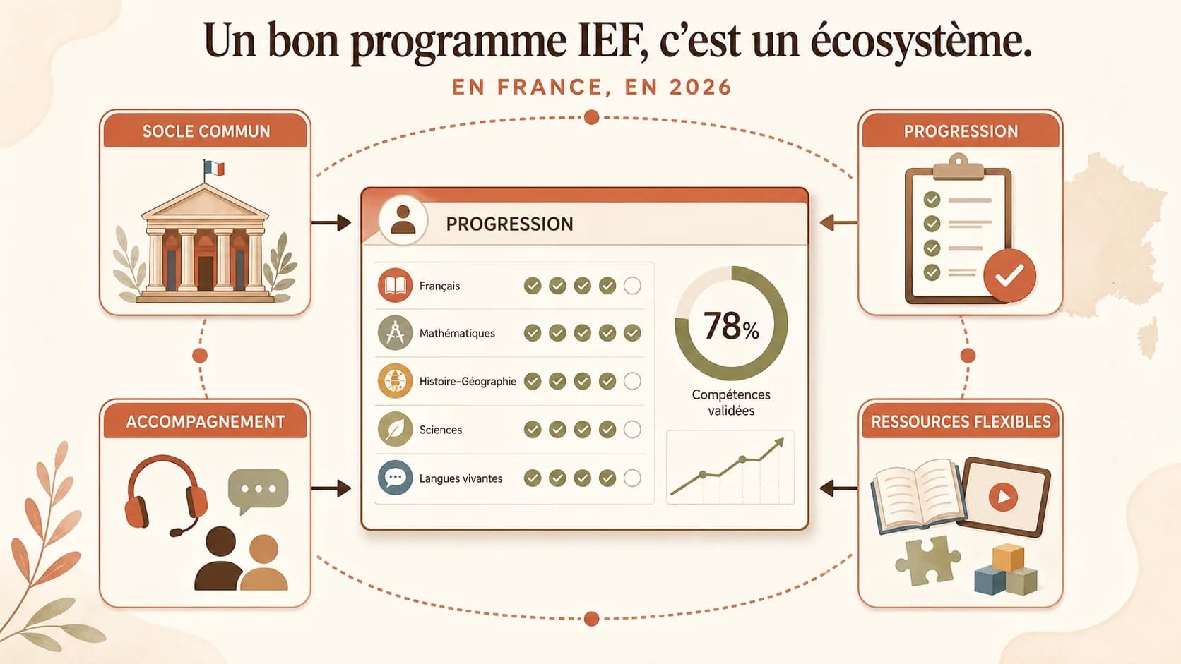Capture d'écran d'un tableau de bord de progression pédagogique montrant des compétences validées