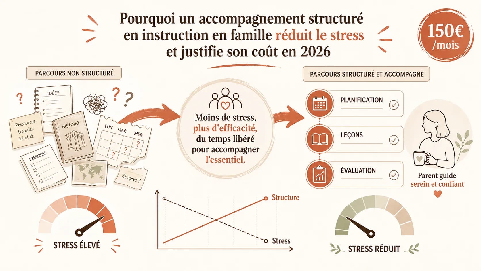 Graphique montrant la corrélation entre structuré pédagogique et réduction du stress parental