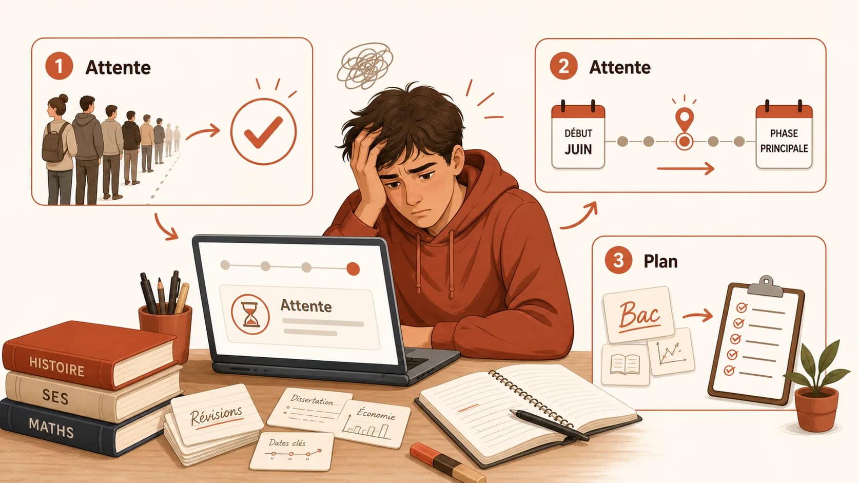 Un lycéen stressé, la tête dans les mains, devant des fiches de révisions du bac 2026 et un écran ouvert sur Parcoursup