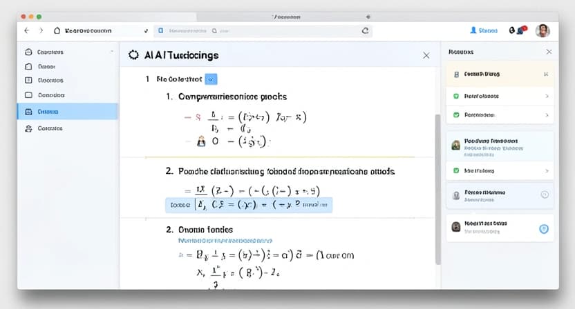 Capture d'écran réaliste d'une interface de tutorat IA montrant un problème de mathématiques décomposé en étapes, avec des questions de compréhension posées à l'élève.