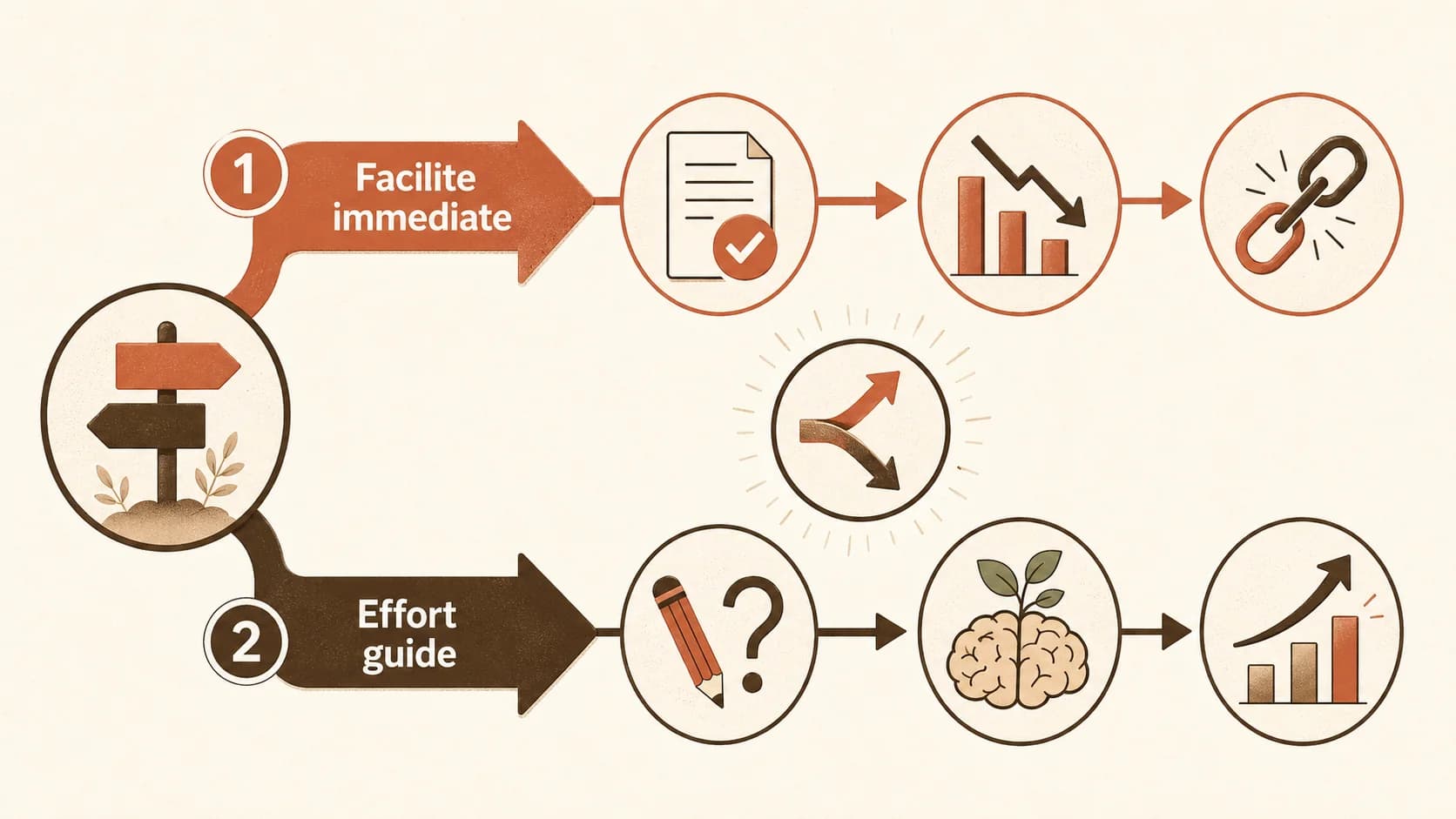 Infographie montrant une flèche "Facilité immédiate" pointant vers une icône de note qui baisse, et une flèche "Effort guidé" pointant vers une icône de cerveau qui grandit.