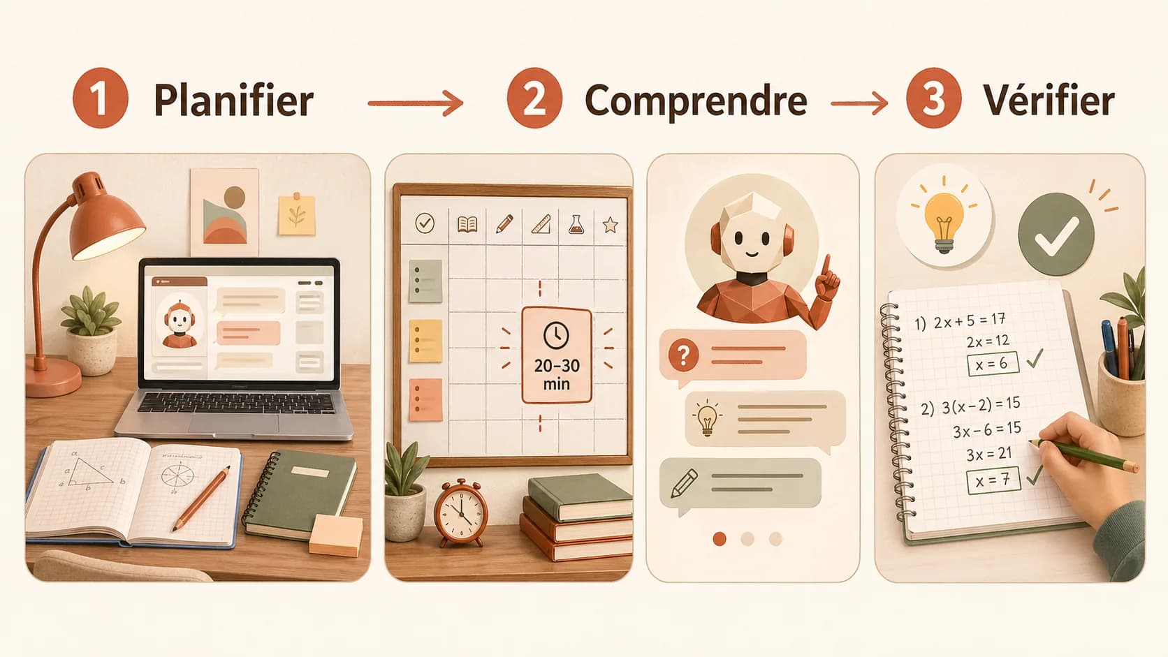 Photo d'un espace de travail organisé avec un enfant, un ordinateur ouvert sur une interface de tutorat, et un planning de devoirs visible.