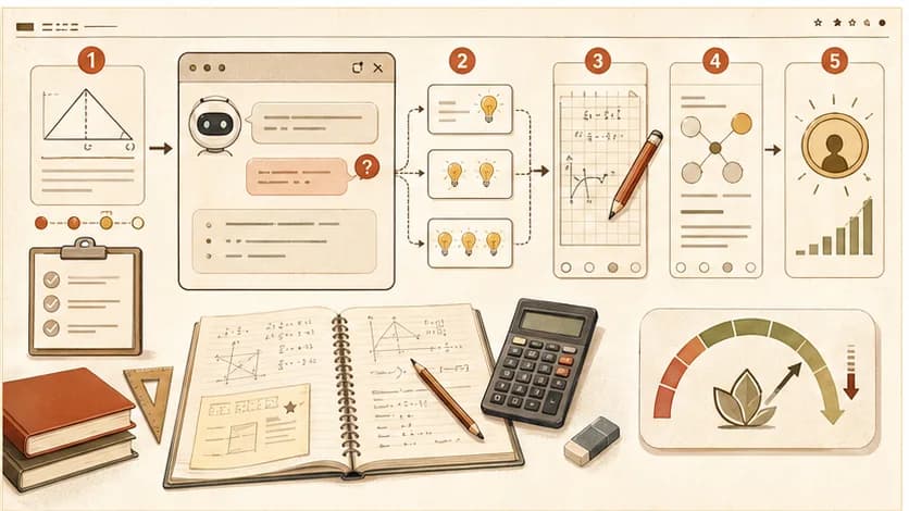 Interface réaliste d'un aide IA encadrée montrant un problème de maths, des questions guidées et un bouton "Indice"