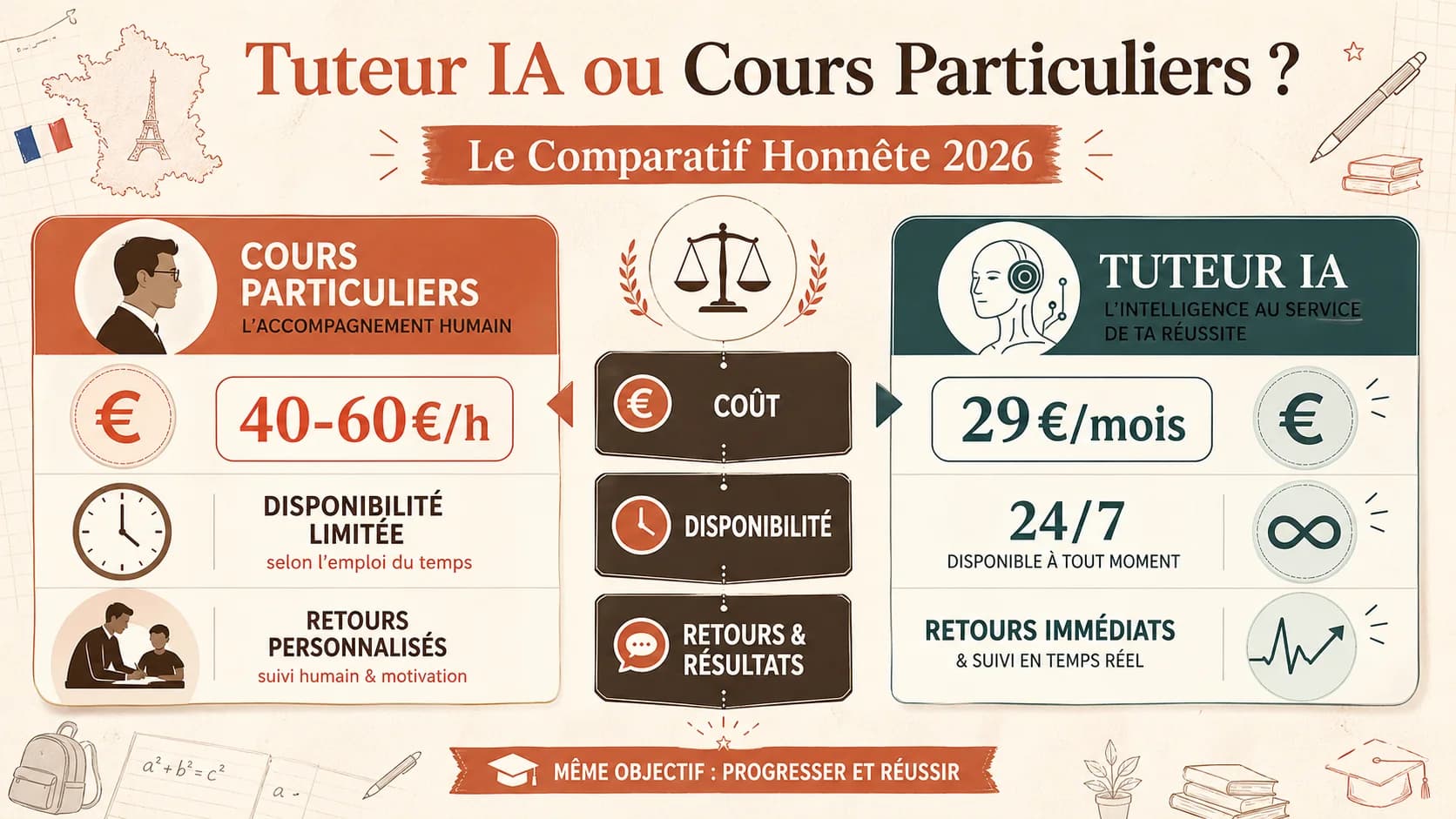 Tuteur IA ou Cours Particuliers ? Le Comparatif Honnête 2026 (Prix, Résultats, Disponibilité)